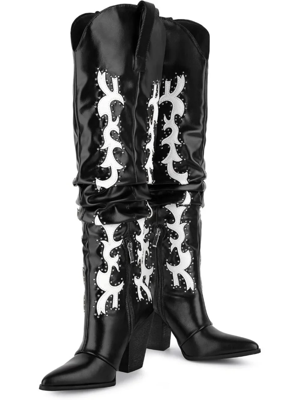 Women's Black Pointed Toe Platform Studded Slouch Cowgirl Over The Knee Boots